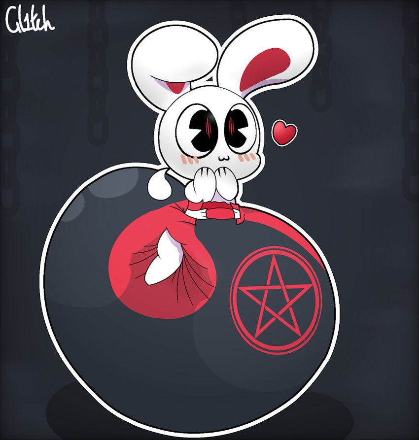 big_diaper blush blush_lines clean_diaper clothed clothing diaper diaper_only floppy_ears fur heart_symbol huge_diaper male occult_symbol pentagram simple_background solo symbol topless wearing_diaper white_body white_fur gl1tchedpup chikn_nuggit iscream_(chikn_nuggit) demon lagomorph leporid mammal rabbit