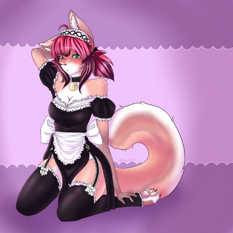 abstract_background anthro bell biped blush breasts claws cleavage clothed clothing collar feet female footwear fur green_eyes hair hand_behind_head hindpaw kneeling legwear long_hair looking_at_viewer maid_uniform orange_body orange_fur paws pink_hair pink_nose red_hair ribbons simple_background socks solo stockings toeless_footwear toeless_socks uniform white_body white_fur conditional_dnp mrawl domestic_cat felid feline felis mammal 2013