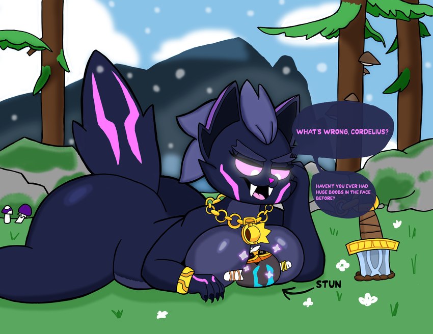 anthro black_body black_fur breasts butt chain crossgender dialogue duo female forest forest_background fur glowing glowing_eyes gold_(metal) gold_chain grass male male/female mountain nature nature_background plant purple_eyes speech_bubble tail text tree paladyart98 brawl_stars supercell_(company) buzz_(brawl_stars) cordelius_(brawl_stars) canid canine canis humanoid mammal wolf absurd_res english_text hi_res