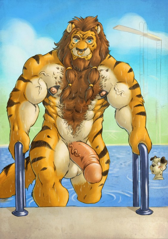 anthro balls bathing being_watched big_balls big_penis black_nose black_spots black_stripes blue_eyes blush body_hair brown_hair chest_hair duo facial_piercing fur genitals hair hairy half-erect huge_penis humanoid_genitalia humanoid_penis lip_piercing lip_ring looking_at_another male mane muscular muscular_male nipples nose_piercing nose_ring nude o_o outside penis piercing ring_piercing septum_piercing snakebite_piercing solo_focus spots standing striped_body striped_fur stripes swimming_pool thick_penis vein veiny_penis water wet white_body white_fur wide_eyed furryrevolution astro_(marxeen) canid canine canis domestic_dog felid hybrid liger lion mammal pantherine tiger wolf absurd_res hi_res