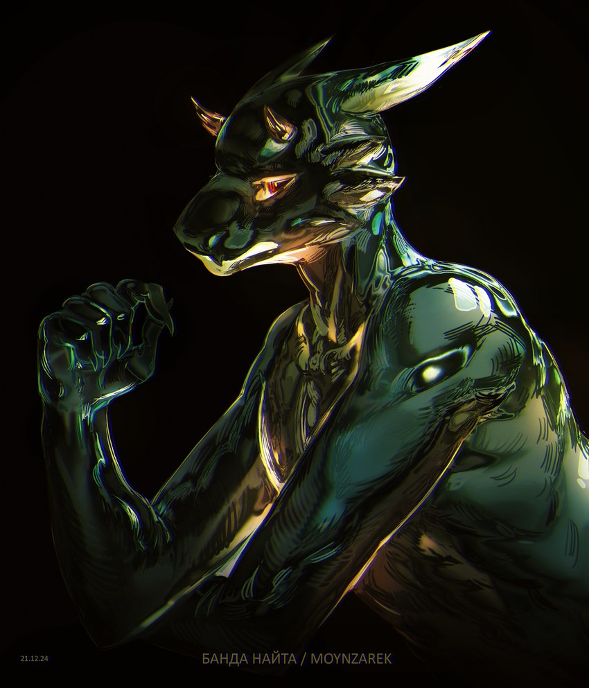 anthro green_body horn looking_at_viewer male male_anthro nude nude_anthro nude_male pose side_view solo text three-quarter_view moynzarek kobold scalie 2024 absurd_res artist_name dark_theme dated digital_media_(artwork) digital_painting_(artwork) english_text half-length_portrait hi_res painting_(artwork) portrait russian_text shaded simple_shading