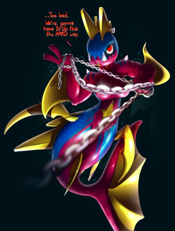 anthro anthrofied breasts bubble butt chain convenient_censorship dialogue exposure_variation female furgonomics furry-specific_piercing looking_at_viewer mermaidification navel non-mammal_breasts nude piercing pokemorph red_eyes shadow sharp_teeth simple_background solo spikes split_form teeth text underwater water wide_hips elpatrixf nintendo pokemon carvanha fish generation_3_pokemon marine merfolk pokemon_(species) 2015 censored digital_media_(artwork) english_text hi_res