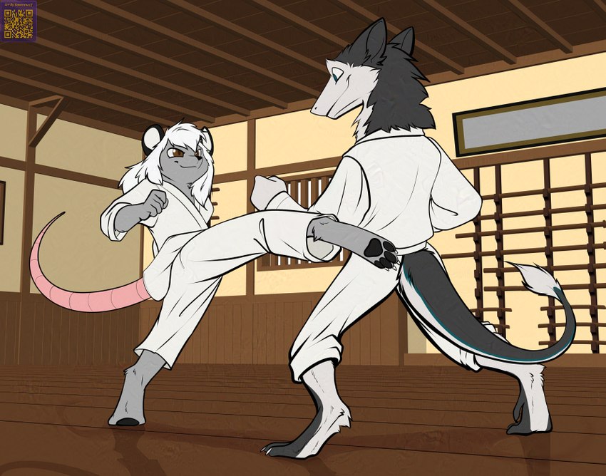 anthro clothed clothing dojo duo eye_contact fight fighting_pose fur grey_body grey_fur inside kick looking_at_another pawpads pose smile standing foxenawolf kabu_luwak mammal murid murine rat rodent sergal adversarial_noise