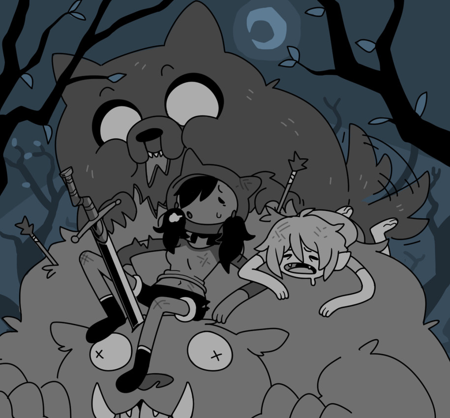 alternate_species ambiguous_gender bodily_fluids boots bottomwear clothing corpse crescent_moon eating fangs female feral footwear group hard_vore hat headgear headwear humanized humanoidized melee_weapon moon plant shirt shoes shorts sweat sword tail tail_motion tailwag teeth toony topwear tree tusks vore weapon discount-supervillain adventure_time cartoon_network finn_the_human jake_the_dog marceline_abadeer human humanoid mammal