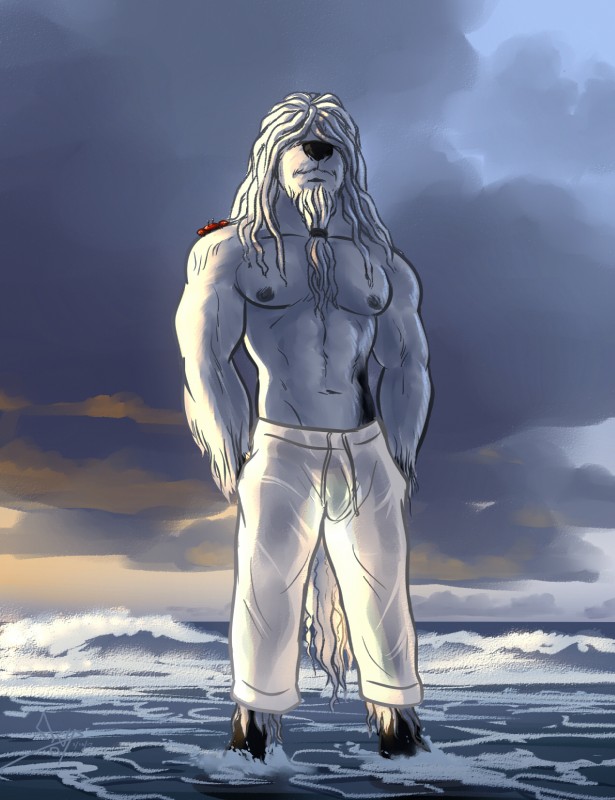 anthro beach beard black_nipples black_nose clothed clothing detailed_background dreadlock_beard dreadlocks duo facial_hair feral fur hair male navel nipples outside scar sea seaside sky solo_focus sunset topless water white_body white_fur white_hair bgn onyxtanuki shelby_evans arthropod canid canine canis crab crustacean decapoda domestic_dog hungarian_sheepdog livestock_guardian_dog malacostracan mammal marine pastoral_dog 2017 hi_res