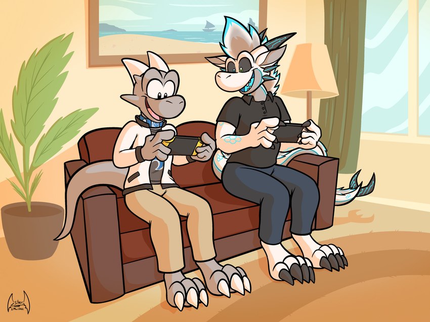 3_toes 4_fingers anthro biped black_clothing black_horn black_toes blue_clothing blue_collar bottomwear claws clothed clothing collar control_collar detailed_background feet fingers furniture gaming grey_body horn lamp long_tail on_sofa open_mouth open_smile pants sharp_teeth sitting sitting_on_sofa smile sofa spiral tail teeth toe_claws toes toony white_body white_clothing white_horn window soul-silver-dragon mythology nintendo nintendo_switch soul-silver-dragon_(character) vyrnen dragon mythological_creature mythological_scalie scalie 2022 absurd_res digital_media_(artwork) hi_res