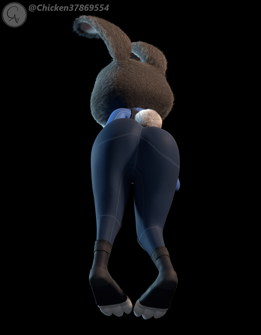 anthro butt clothing female fur low-angle_view rear_view simple_background solo toeless_legwear uniform chickenass disney zootopia judy_hopps lagomorph leporid mammal rabbit 3d_(artwork) digital_media_(artwork) hi_res