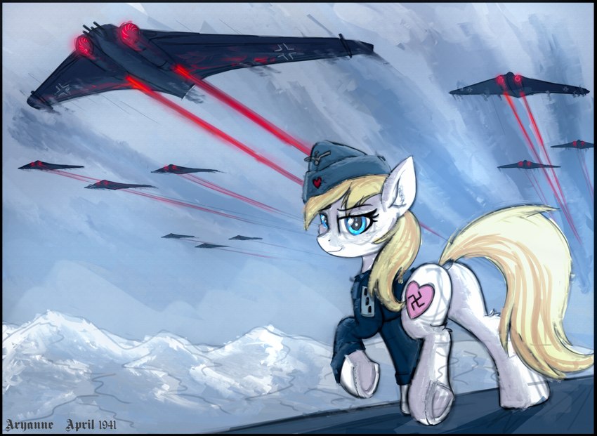 aircraft blonde_hair blue_eyes clothing cutie_mark female feral flying hair hat headgear headwear heart_symbol nazi solo swastika text vehicle atlas-66 hasbro my_little_pony wolfenstein aryanne_(character) fan_character earth_pony equid equine horse mammal pony 2020 absurd_res english_text hi_res