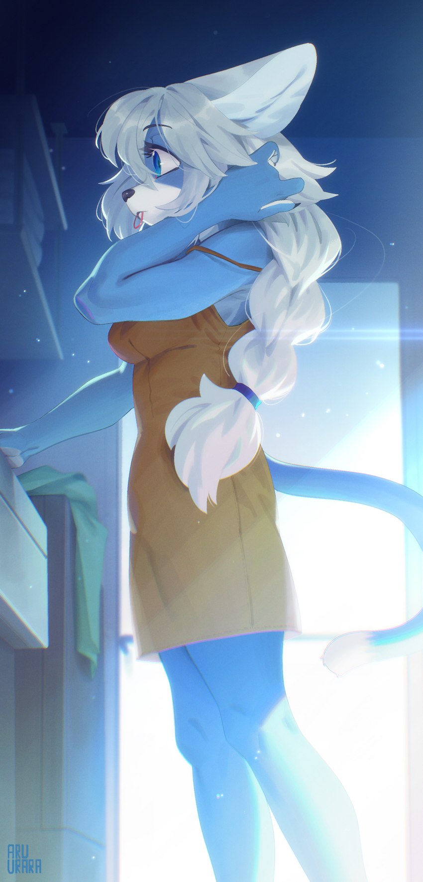 anthro blue_body blue_eyes blue_fur breasts clothed clothing dress female female_anthro fur grey_hair hair kemono multicolored_body multicolored_fur ponytail solo two_tone_body two_tone_fur white_body white_fur aruurara hashimoto-chan domestic_cat felid feline felis mammal 2022 digital_media_(artwork) hi_res portrait three-quarter_portrait