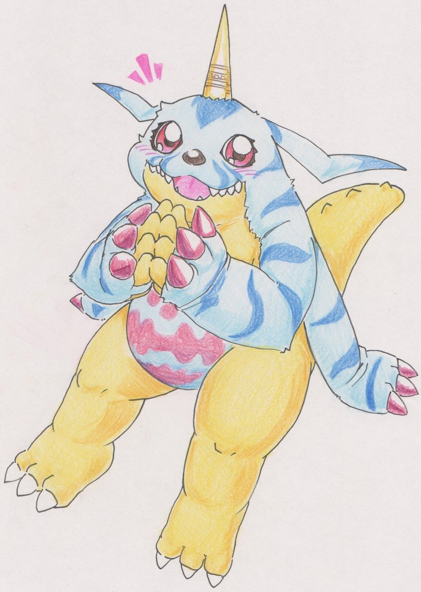 ambiguous_gender animal_skin anthro belly blush claws horn looking_at_viewer simple_background sitting slightly_chubby solo white_background tabasukotrr bandai_namco digimon digimon_(species) gabumon absurd_res hi_res traditional_media_(artwork)