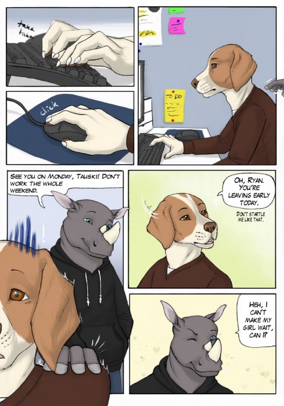 anthro blue_eyes brown_eyes clothing computer dialogue electronics exclamation_point heart_symbol hoodie keyboard male mousepad office one_eye_closed startled text topwear wink gaikotsu ryan_(gaikotsu) tauski canid canine canis domestic_dog mammal rhinoceros white_rhinoceros comic english_text hi_res