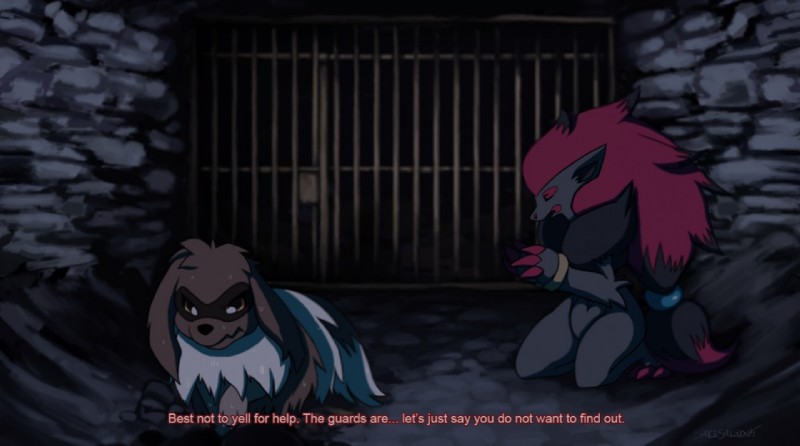 ambiguous_gender anthro bars duo feral prison spacesmilodon nintendo pokemon sivera_(zigzagoon) canid canine eevee generation_1_pokemon generation_3_pokemon generation_5_pokemon hybrid mammal pokemon_(species) zigzagoon zoroark