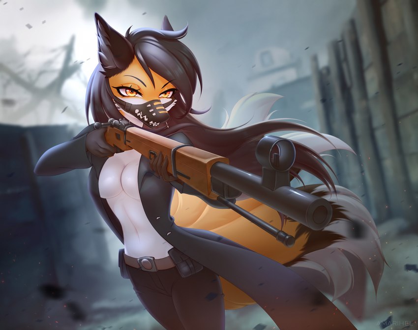 9_tails amber_eyes anthro battlefield biped black_hair breasts clothed clothing coat detailed_background female fully_clothed fur gun hair head_fur holding_gun holding_object holding_ranged_weapon holding_weapon multi_tail navel orange_body orange_fur outside ranged_weapon rifle solo standing tail topwear trench trenchcoat videogame_setting weapon white_body white_fur amarihel foxxi canid canine fox mammal digital_media_(artwork) hi_res portrait three-quarter_portrait