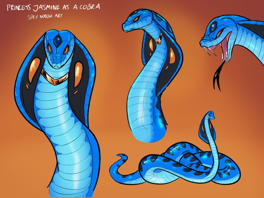 alternate_species black_body black_scales blue_body blue_scales fangs female feral gem gold_(metal) gold_jewelry jewelry nude open_mouth sapphire_(gem) scales snake_hood solo tail teeth text tongue tongue_out spicynoodleart disney disney's_aladdin princess_jasmine_(disney) cobra reptile scalie snake 2024 english_text hi_res