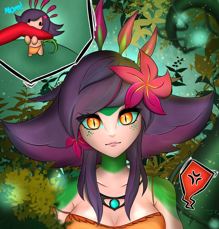 beautiful_background brown_clothing clothing female female/female flower forest green_body hair jungle leagues neekoleagueoflegends pink_flower plant purple_hair solo tree yellow_eyes neon_lightning league_of_legends riot_games tencent neeko_(lol) animal_humanoid chameleon_humanoid humanoid lizard_humanoid reptile reptile_humanoid scalie scalie_humanoid digital_drawing_(artwork) digital_media_(artwork) hi_res