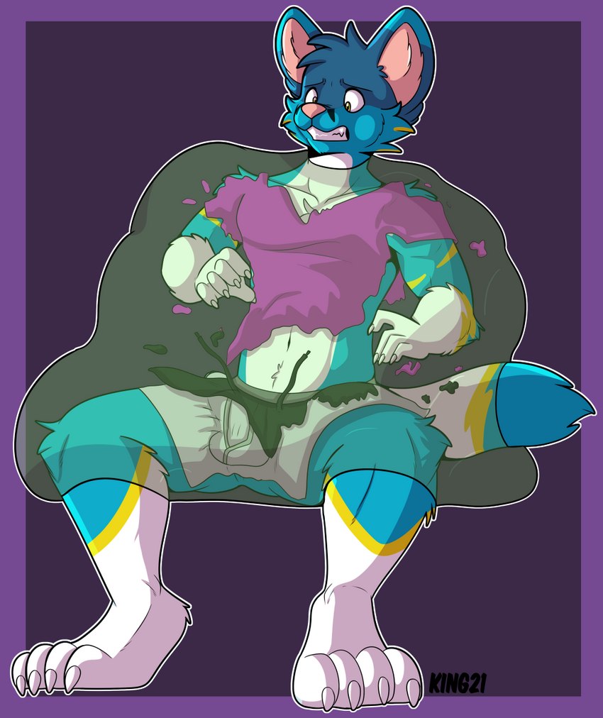 assisted_exposure athletic_wear bottomwear bulge clothed clothing dissolving_clothing erection gym_bottomwear gym_shorts male shorts slime solo underwear kingdraws ferdinand_the_folf canid canine canis fox hybrid mammal wolf