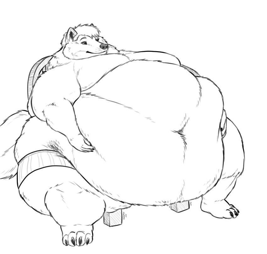 anthro belly belly_fondling big_belly chair chubby_cheeks claws clothed clothing fur furniture hand_on_belly huge_belly looking_at_own_belly male moobs morbidly_obese morbidly_obese_anthro morbidly_obese_male navel obese obese_anthro obese_male overweight overweight_anthro overweight_male sitting smile solo thick_thighs toe_claws topless wide_hips sugarboy canid canine canis mammal wolf black_and_white hi_res monochrome