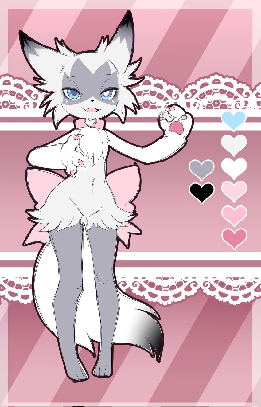 anthro black_tail_tip black_tipped_ears blue_eyes bow_ribbon bow_tie cheek_tuft claws collar cute_fangs dipstick_tail facial_markings facial_tuft female fluffy fluffy_tail fur grey_legs head_markings heart_eyed heart_tag leg_tuft long_tail markings mask_(marking) navel pawpads paws pink_claws raised_paw skinny_female solo tail tail_markings thigh_tuft tuft white_body white_fur wide_hips loreking nintendo pokemon tia_(blackroseleafy) generation_9_pokemon meowscarada pokemon_(species) hi_res