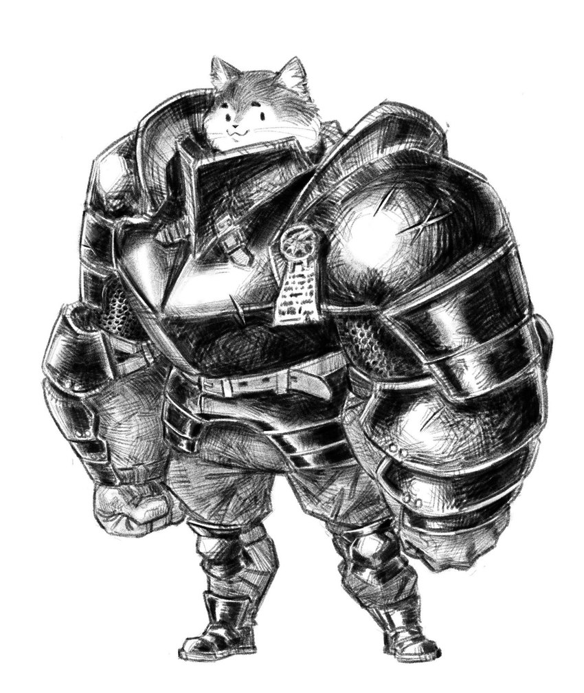 anthro armor big_arms biped boots breastplate clothed clothing fist footwear fully_clothed inner_ear_fluff knee_pads looking_at_viewer male muscular muscular_anthro pauldron shoes simple_background smile solo standing tuft white_background onni's canid canine canis domestic_dog mammal digital_drawing_(artwork) digital_media_(artwork) full-length_portrait hatching_(art) hi_res monochrome portrait shaded