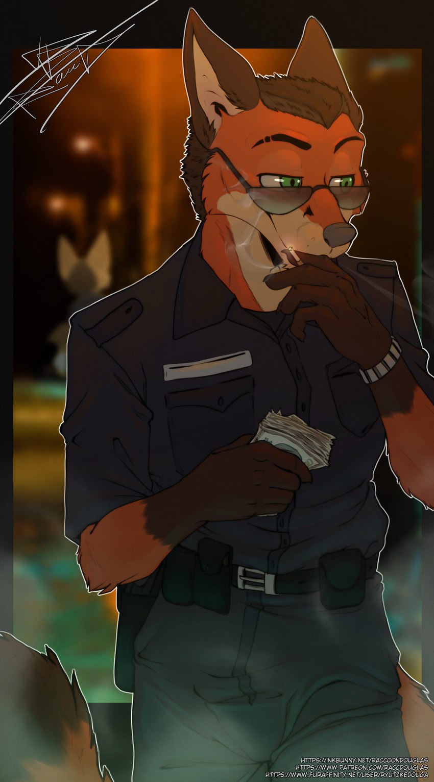 anthro brown_hair cigarette claws clothed clothing countershade_face countershade_fur countershading eyewear fingers fur green_eyes hair male money orange_body orange_fur smoking solo sunglasses tail raccoondouglas disney zootopia nick_wilde canid canine fox mammal red_fox true_fox absurd_res hi_res