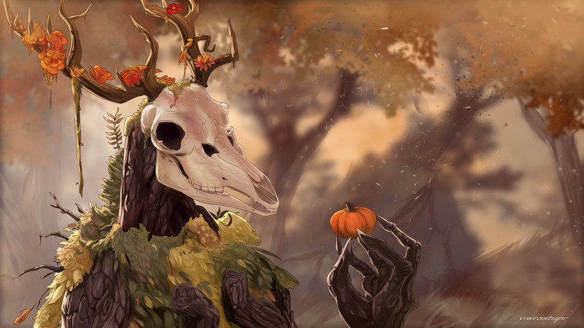 ambiguous_gender antlers bone day detailed_background feral flower food forest fruit grass horn moss outside plant pumpkin rose_(flower) skull solo tree viwrastupr elemental_creature leshen monster 16:9 2020 absurd_res digital_media_(artwork) hi_res widescreen