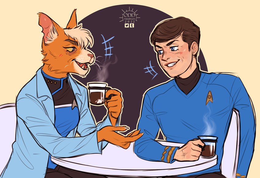 beverage breasts brown_hair coffee doctor duo facebook_logo female hair male male/female sitting starfleet_uniform twitter_logo oddthesungod star_trek star_trek_lower_decks star_trek_the_original_series twitter dr._t'ana leonard_mccoy alien caitian felid human mammal crossover