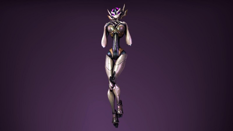 breasts female looking_at_viewer machine not_furry purple_eyes simple_background solo wide_hips wattchewant wildstar humanoid mechari robot robot_humanoid 16:9 compression_artifacts hi_res