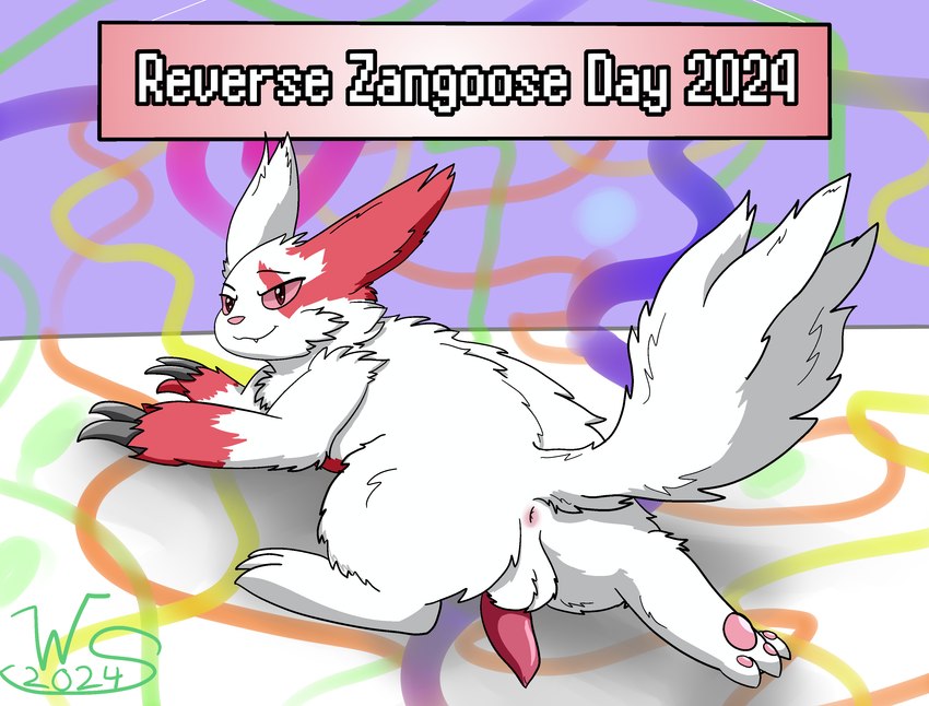 animal_genitalia animal_penis anthro anus balls butt claws erection fur genitals looking_at_viewer male nude penis raised_tail simple_background smile solo tail tail_anus white_body white_fur winter_sunshine nintendo pokemon zangoose_day generation_3_pokemon pokemon_(species) zangoose absurd_res digital_media_(artwork) hi_res