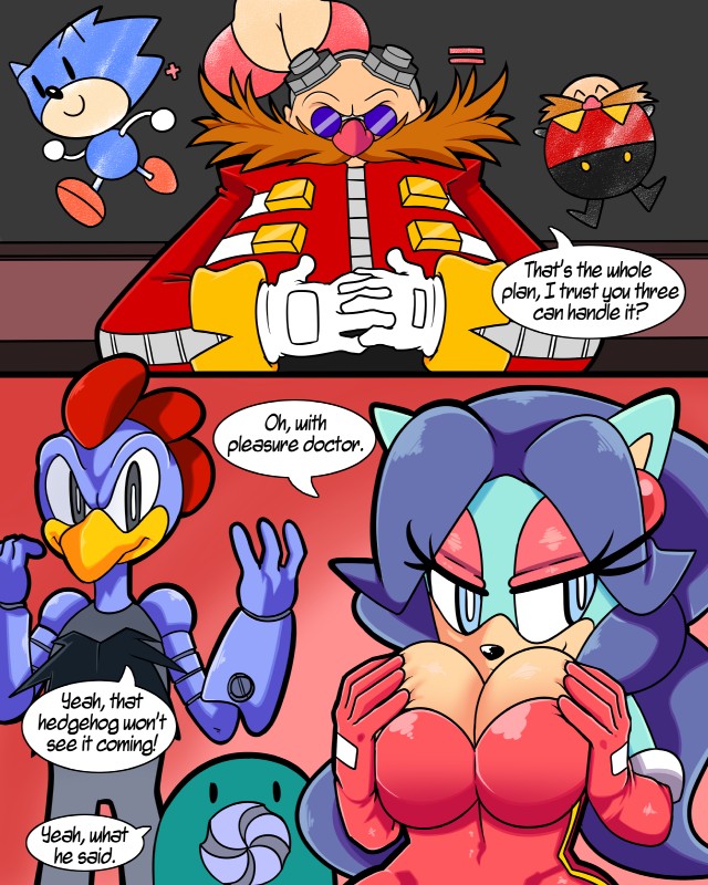 anthro big_breasts breasts cleavage clothed clothing dialogue drill drill_nose facial_hair female group machine male mustache text cloudz superbunnygt adventures_of_sonic_the_hedgehog sega sonic_the_hedgehog_(series) breezie_hedgebot_robotnik breezie_the_hedgehog dr._eggman grounder_(adventures_of_sonic_the_hedgehog) scratch_(adventures_of_sonic_the_hedgehog) avian badnik bird chicken eulipotyphlan galliform gallus_(genus) grounder_(badnik) hedgehog human mammal phasianid robot 4:5 absurd_res comic digital_media_(artwork) english_text hi_res