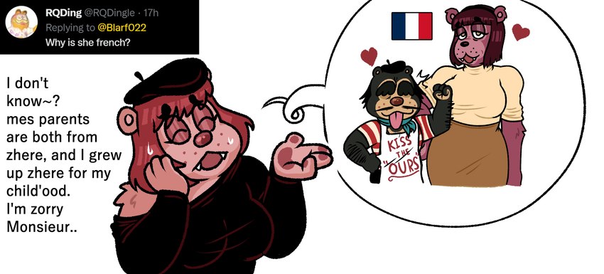 accent anthro beret blep clothing female french_accent french_flag hat headgear headwear heart_symbol male q&a text tongue tongue_out blarf022 babette_bear_(blarf022) sherry's_dad_(blarf022) sherry_bear_(blarf022) bear mammal 2022 absurd_res english_text hi_res father_(lore) mother_(lore) parent_(lore)