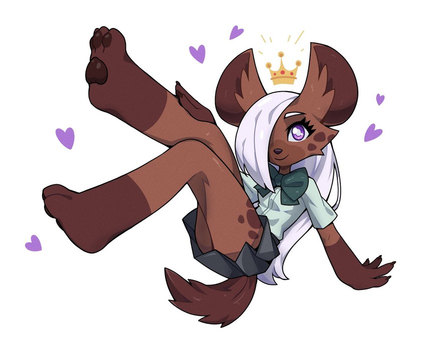 3_toes 4_fingers anthro bottomwear bow_ribbon breasts brown_body brown_fur brown_tail clothed clothed_anthro clothed_female clothing feet female fingers fur hair heart_symbol long_hair looking_at_viewer markings pawpads purple_eyes simple_background skirt smile solo spots spotted_body spotted_fur tail toes topwear white_background white_hair nulia jk_(el-k) hyena mammal 2024 digital_media_(artwork) hi_res