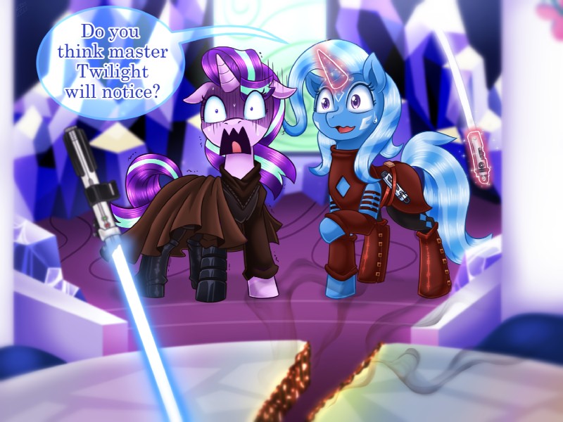 blue_lightsaber bodily_fluids clothed clothing crystal duo female feral furniture horn inside jedi lightsaber magic melee_weapon purple_eyes sweat table text weapon white_lightsaber vavacung friendship_is_magic hasbro my_little_pony mythology star_wars starlight_glimmer_(mlp) trixie_(mlp) equid equine mammal mythological_creature mythological_equine unicorn 2017 4:3 crossover english_text