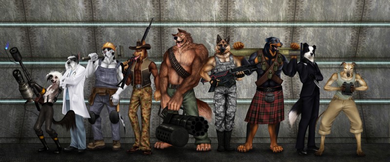 abs anthro armor bandolier belt binoculars bottomwear camo clothed clothing coat explosives flamethrower floppy_ears fully_clothed gatling_gun grenade group gun hairless handgun headgear helmet kilt knife lineup machine_gun male minigun muscular pants parody pattern_clothing pecs pistol plaid plaid_clothing pointy_ears prick_ears ranged_weapon rifle rocket_launcher shirt sniper_rifle sporran suit tank_top tools topless topwear vest weapon wrench jocarra team_fortress_2 valve demoman_(team_fortress_2) engineer_(team_fortress_2) heavy_(team_fortress_2) medic_(team_fortress_2) pyro_(team_fortress_2) scout_(team_fortress_2) sniper_(team_fortress_2) soldier_(team_fortress_2) spy_(team_fortress_2) border_collie canid canine canis chinese_crested_dog collie dobermann domestic_dog german_shepherd great_dane greyhound hairless_dog herding_dog hunting_dog mammal mastiff molosser pastoral_dog pinscher rottweiler schnauzer sheepdog sighthound toy_dog 2013 hi_res