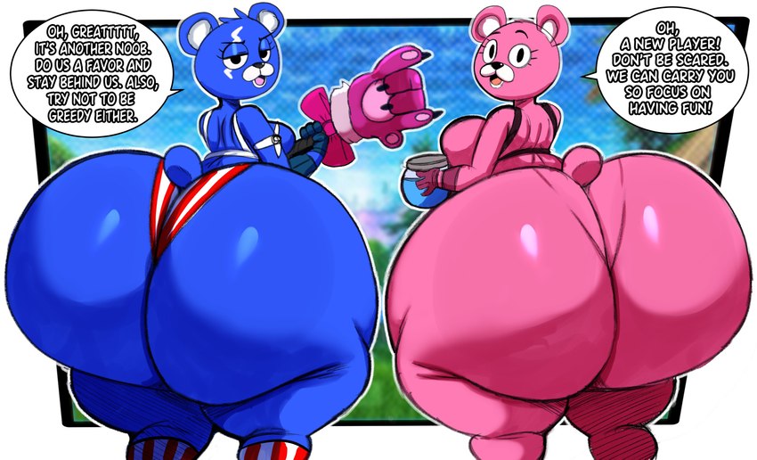 anthro big_breasts big_butt black_eyes blue_body breasts butt clothing duo exclamation_point female half-closed_eyes holding_jar holding_object holding_weapon huge_butt huge_hips huge_thighs hyper hyper_butt looking_at_viewer looking_back narrowed_eyes open_mouth pink_body shield_potion side_boob speech_bubble text thick_thighs underwear weapon wide_hips inuzu epic_games fortnite cuddle_team_leader fireworks_team_leader bear mammal 2023 absurd_res english_text hi_res