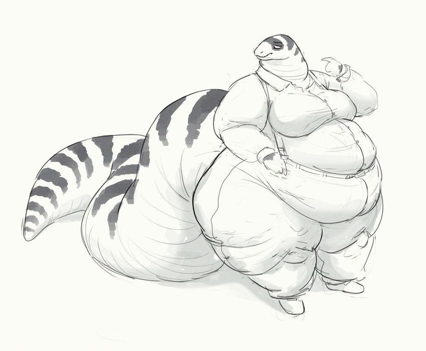 anthro belly big_belly bottomwear breasts clothing dress_shirt female high_waisted_bottomwear obese obese_anthro obese_female overweight overweight_anthro overweight_female pants shirt solo standing striped_body stripes suspenders tail thick_tail topwear cettus maeve_gibson california_kingsnake colubrid kingsnake lampropeltini reptile scalie snake 2020 black_and_white hi_res monochrome sketch