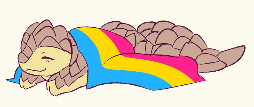 ambiguous_gender bedding blanket feral lgbt_pride pansexual_pride_colors pride_color_blanket pride_colors sleeping smile solo bloowolfy armadillo mammal xenarthran 2024 hi_res