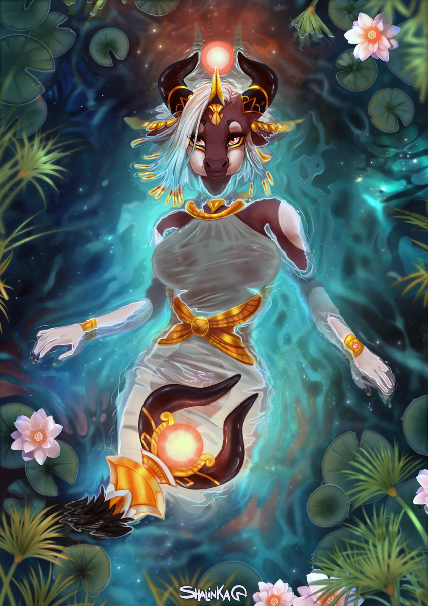 5_fingers anthro breasts clothed clothing crown dress eyebrows eyelashes female fingers headgear horn looking_at_viewer makeup partially_submerged smile solo wet wet_clothing shalinka hathor bovid bovine cattle mammal 2020 digital_media_(artwork) hi_res