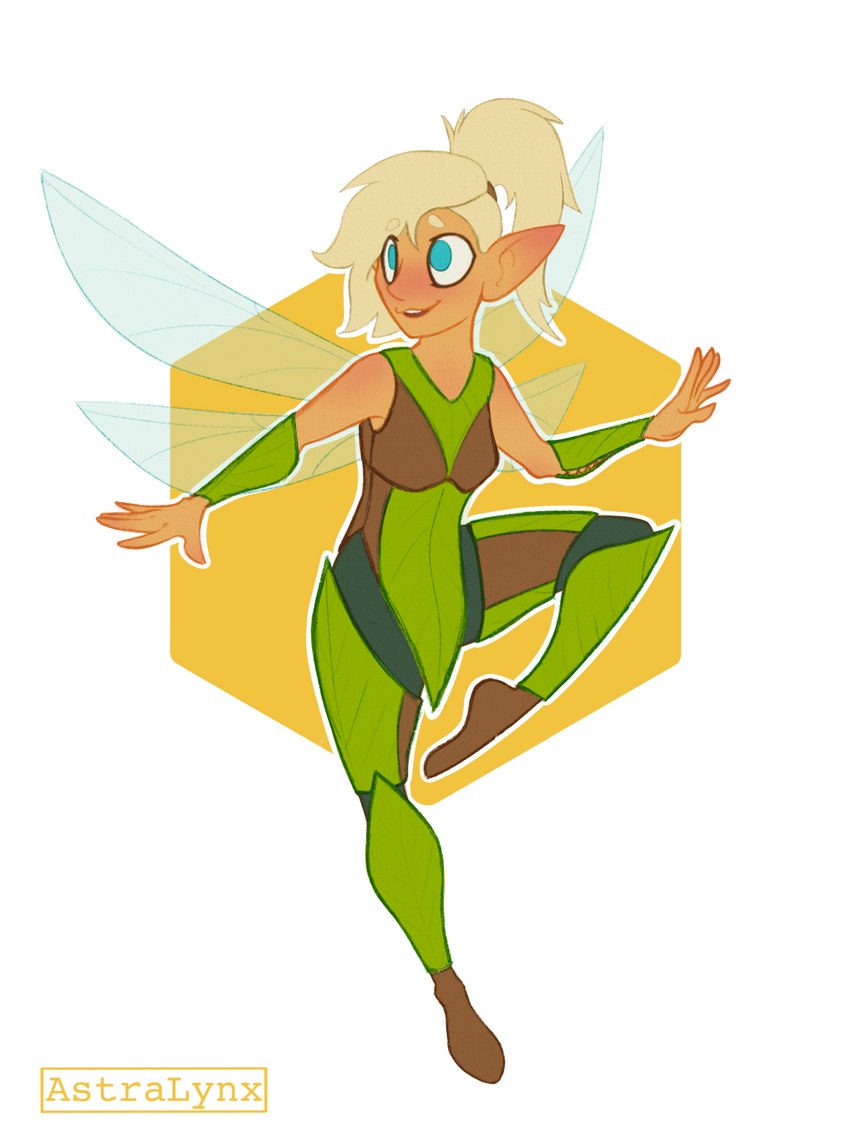 blonde_hair blue_eyes brown_outline cleric clothed clothing cross-eyed female flying fully_clothed green_clothing green_outline hair humanoid_pointy_ears insect_wings leaf_clothing outline pointy_ears simple_background solo white_background white_outline wings astralynx dungeons_and_dragons hasbro patreon wizards_of_the_coast fairy fey humanoid pixie fae_(disambiguation) digital_media_(artwork) full-length_portrait hi_res portrait