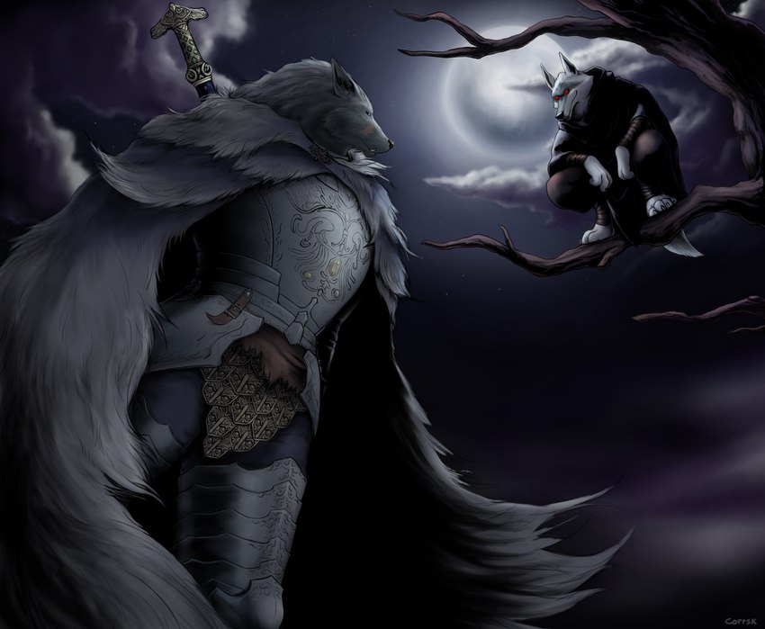 anthro armor clothed clothing duo fur grey_body grey_fur male melee_weapon moon night outside scar smile weapon corrsk dreamworks elden_ring fromsoftware puss_in_boots_(franchise) blaidd_(elden_ring) death_(puss_in_boots) canid canine canis mammal wolf crossover digital_media_(artwork) hi_res