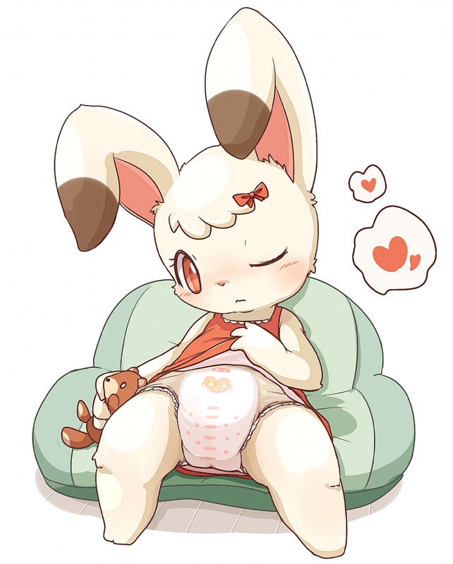 anthro bean_bag big_ears biped blush clothing diaper female fur heart_symbol one_eye_closed plushie ribbons simple_background sitting solo white_body white_fur young young_anthro mei_(artist) lagomorph leporid mammal rabbit 2017 hi_res