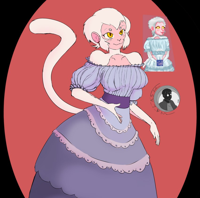 anthro big_breasts breasts clothed clothing female fur monkey_ears monkey_tail purple_clothing redesign smile solo white_body white_fur yellow_eyes walas21 haplorhine mammal monkey primate absurd_res alpha_channel hi_res