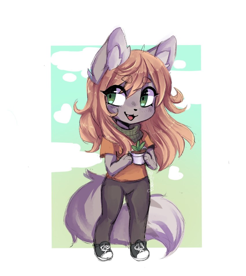 anthro blonde_hair bottomwear chibi clothed clothing denim denim_bottomwear denim_clothing felind female footwear fur green_eyes grey_body grey_fur hair jeans open_mouth pants shirt shoes sneakers solo tail topwear anakoluth domestic_cat felid feline felis mammal hi_res