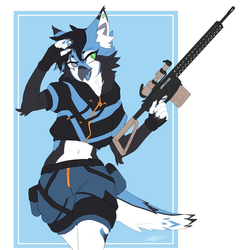 ambiguous_gender anthro ar-15 assault_rifle beak black_body black_fur blue_body blue_fur bottomwear clothing facial_markings fingerless_gloves fur gloves green_eyes grey_eyes gun hand_over_eye handwear head_markings heterochromia holding_gun holding_object holding_ranged_weapon holding_weapon hoodie inner_ear_fluff markings midriff navel ranged_weapon rifle shorts simple_background solo topwear trigger_discipline tuft weapon white_body white_fur leanivbirb mythology rovik_(rovik1174) avian gryphon mythological_avian mythological_creature 2024 digital_media_(artwork) hi_res male_(lore)