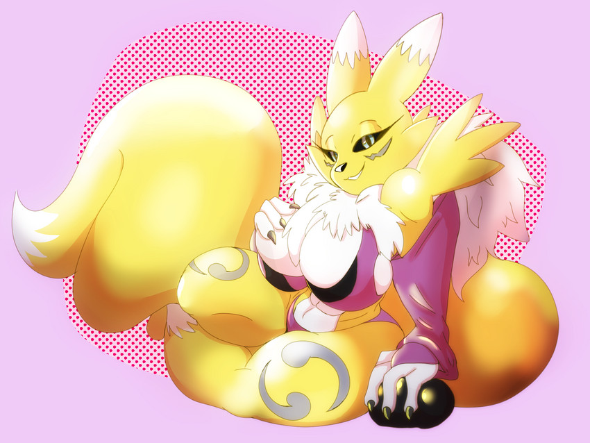 anthro bedroom_eyes big_breasts breasts chest_tuft female hand_on_breast looking_at_viewer narrowed_eyes seductive sitting solo tuft solratic bandai_namco digimon canid digimon_(species) mammal renamon 4:3 hi_res