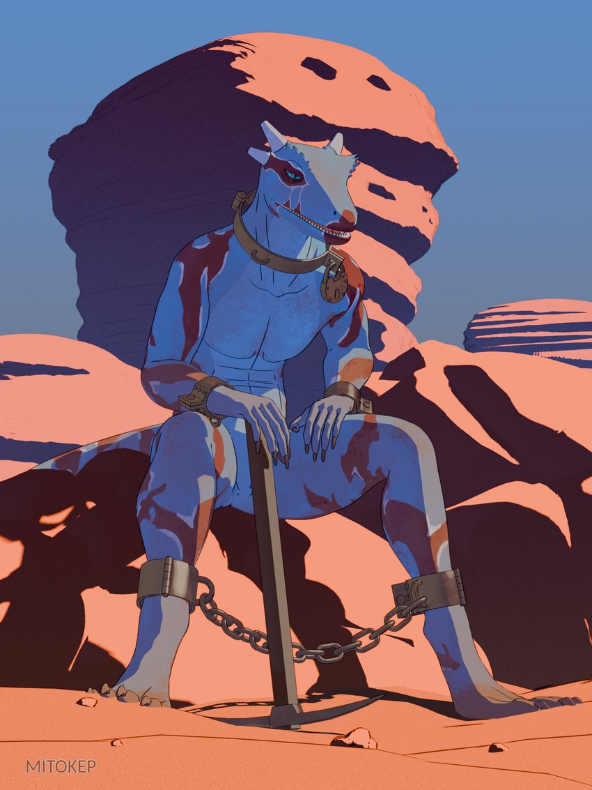 4_toes animal_genitalia anthro barefoot bdsm bondage bound chain chained claws collar cuff_(restraint) day desert dirty dust feet forced_labor genital_slit genitals leaning leaning_forward lock male mesa_(landscape) nude nude_anthro nude_male outside padlock pickaxe restrained restraints rock servitude shackles sitting slave solo submissive submissive_male tail teeth toes tongue tools mitokep onase lizard reptile scalie 2025 3:4 3d_(artwork) blender_(artwork) cel_shading digital_media_(artwork) hi_res shaded