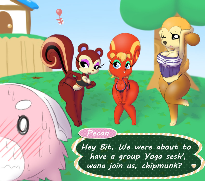 anthro breasts cleavage clothed clothing eyeshadow female flirting group makeup outside text wide_hipped_female wide_hips bit-small animal_crossing nintendo pokemon caroline_(animal_crossing) maddie_(animal_crossing) pecan_(animal_crossing) generation_7_pokemon mammal pokemon_(species) rodent sciurid stufful tree_squirrel english_text hi_res