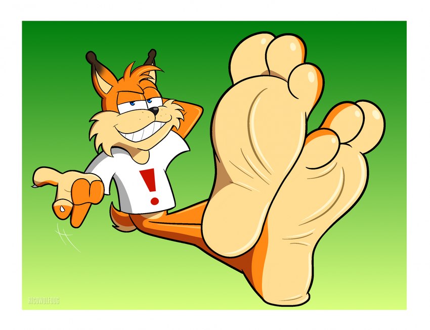 3_toes anthro barefoot blue_eyes border claws clothing feet foot_focus humanoid_feet male plantigrade shirt smile soles toes topwear white_border ricowolfdog bubsy_(series) bubsy bobcat felid feline lynx mammal hi_res