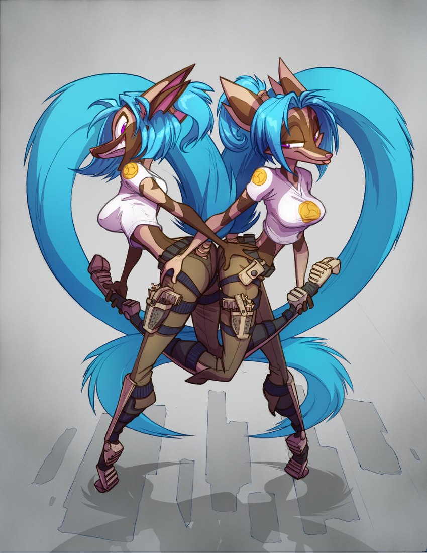 4_ears anthro ass_to_ass blue_hair breasts butt butt_grab clothing duo female footwear gun hair hand_on_butt leg_grab multi_ear narrowed_eyes on_one_leg open_mouth ranged_weapon standing teeth weapon david_lillie dreamkeepers digo_marrallang indi_marrallang indigo_marrallang canid mammal absurd_res hi_res sibling_(lore) sister_(lore) sisters_(lore) twins_(lore)