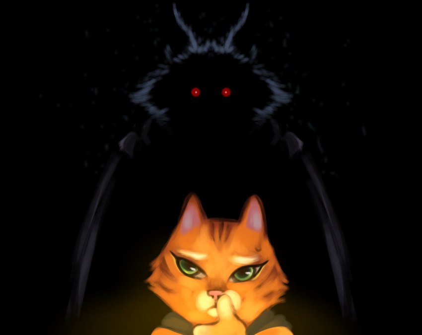 anthro black_background bodily_fluids cape cheek_tuft cloak clothing creepy_face duo eyeliner facial_tuft finger_on_lip fluffy fur fuzzy glowing glowing_eyes green_eyes head_tuft looking_at_viewer makeup male ominous orange_body orange_fur pupils red_eyes scary silhouette simple_background size_difference standing standing_behind sweat sweatdrop tuft white_pupils wiping_mouth boujinshi dreamworks puss_in_boots_(franchise) death_(puss_in_boots) puss_in_boots_(dreamworks) canid canine canis domestic_cat felid feline felis mammal tabby_cat wolf