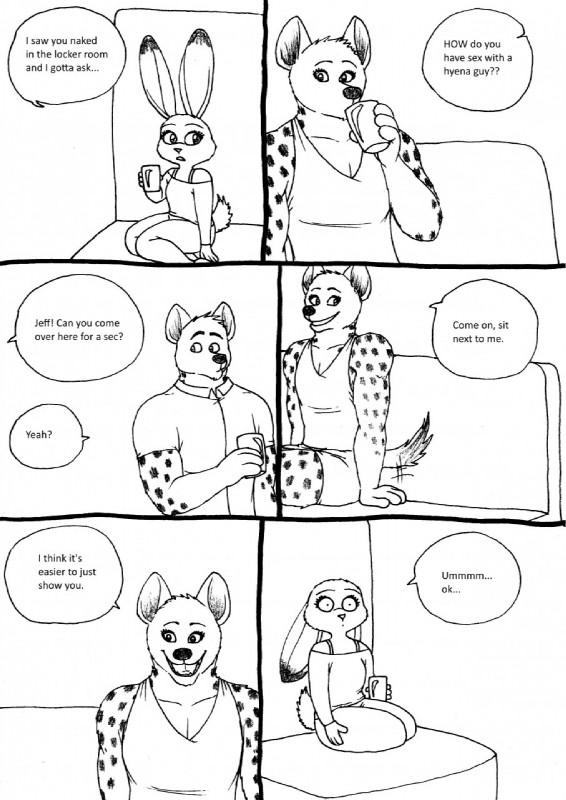 anthro clothing drinking female flat_chested text bernielover disney zootopia becca_(bernielover) fan_character judy_hopps hyena lagomorph leporid mammal rabbit spotted_hyena comic english_text hi_res monochrome